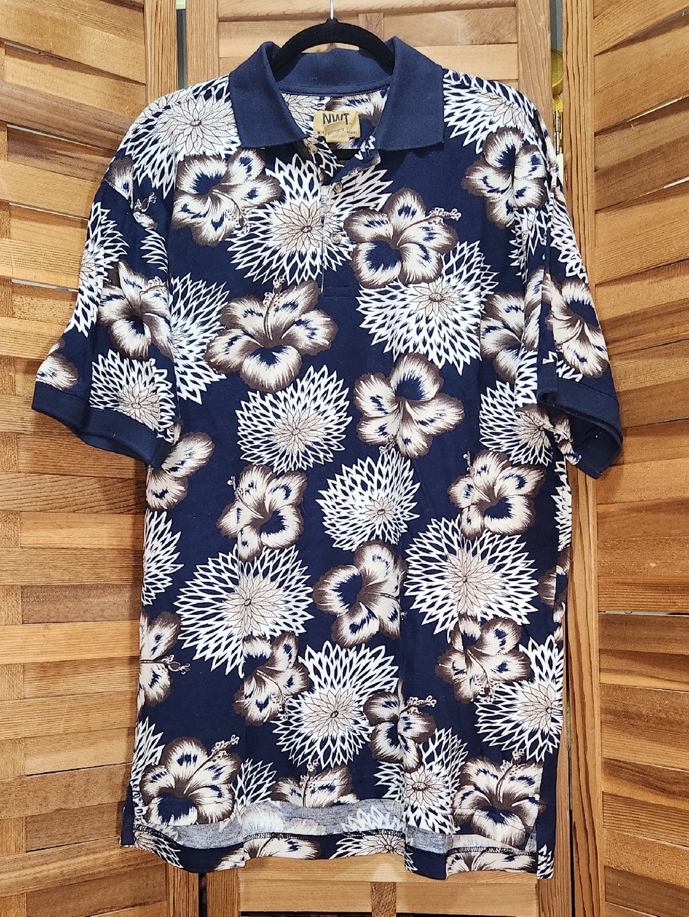 Northwest Territory Navy Floral Polo Cream Tan Accents Cotton Shirt Hawaiian